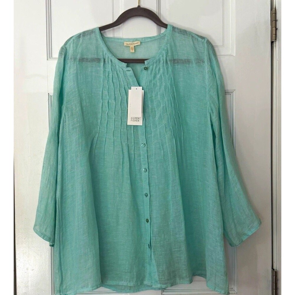 Eileen Fisher Mini Man Shirt S Linen Gauze Aqua Blue Pintuck NWT $198